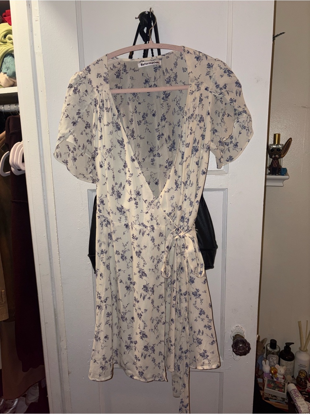 Reformation Cream Mini Wrap Dress with Blue Floral Print